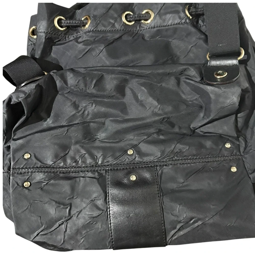 Kate Spade New York Black Nylon Leather Drawstring Bucket Backpack Bag PXRU2483
